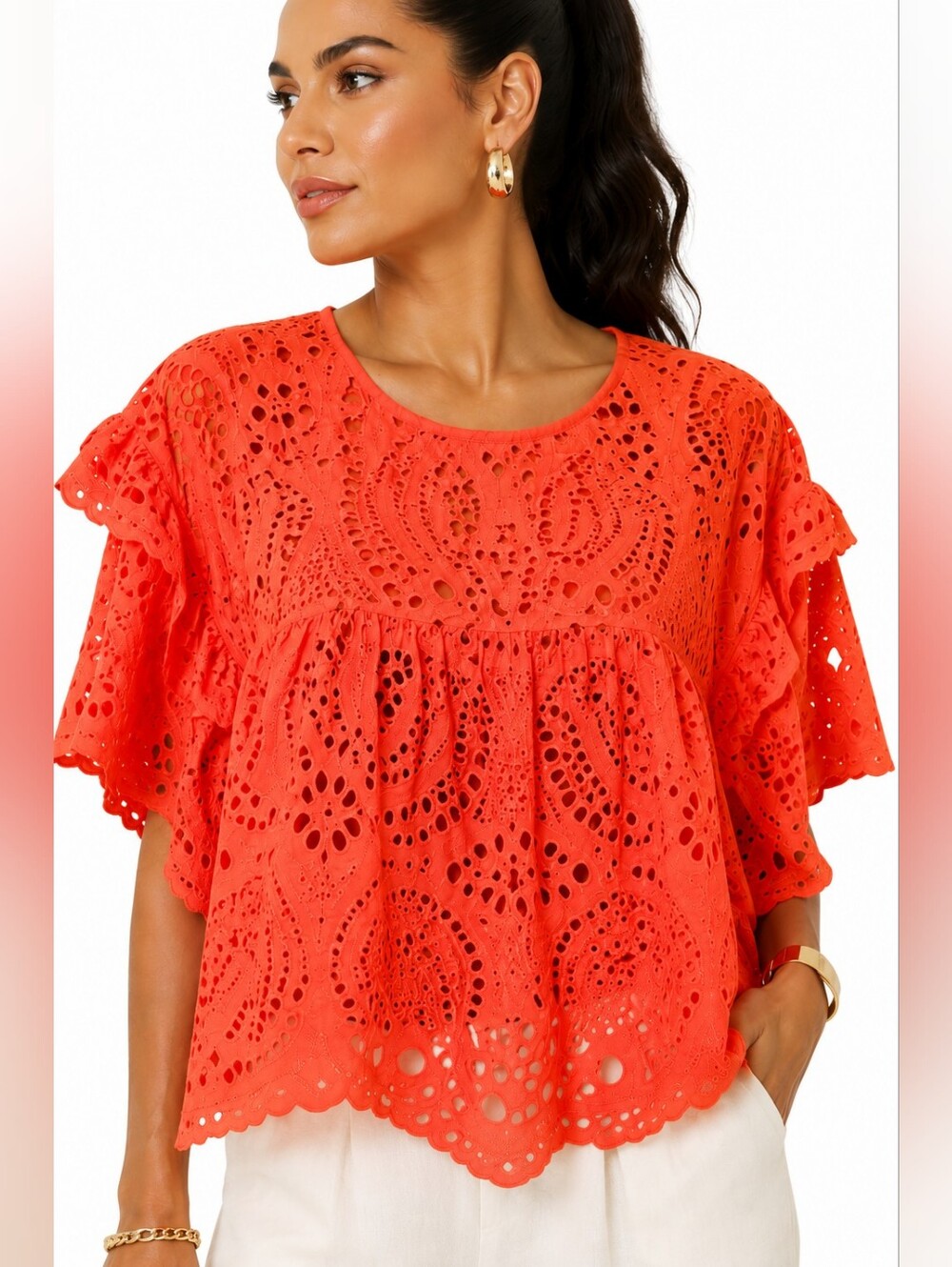 FARM Rio Palm Tree Richelieu Cotton Eyelet Blouse Orange M